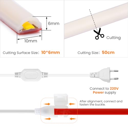 Wisada AC220-240V Neon LED Streifen Selbstklebend, 1M 288LEDs/m Superhell Flexible FCOB LED Leuchtband (Schnitt alle 50cm), IP65 Warmweiß COB LED Band mit Stromkabel für Weihnachten, Party-Deko