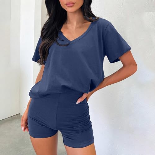 2 Piece Lounge Set for Women Loose Casual V Neck Short Sleeve T Shirt Top and Biker Shorts Tracksuits Outfits Loungewear2