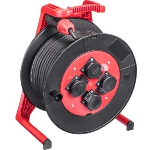 JUMBO® Tambor para cable con 4 enchufes H07RN-F, sección transversal 3 x 1,5 mm², color del cable negro, longitud 30 m, color tambor y estructura negro/rojo.