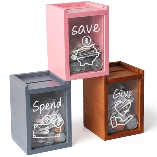 Mczxon Spend Save Give Piggy Bank for Kids, Wooden Money