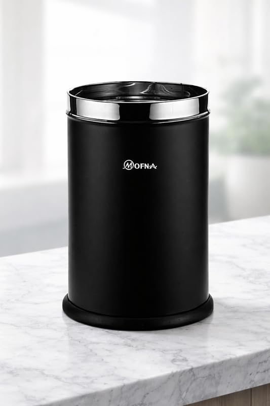 Image of mofna Stainless Steel Open Top Dustbin for Home - 18 L | Black Modern Trash Can with Anti-skid Base | Rustproof Garbage Bin | for Kitchen, Bathroom, Office & Commercial Use | 10 x 14 Inch