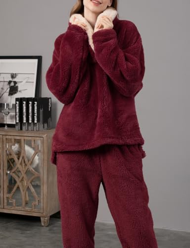 Women's Fluffy Loungewear Sleepwear Lounge Casual Pajamas Sets Loose Long Sleeve Fleece Pullover and Pants Set4