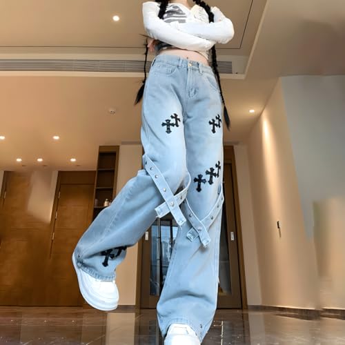 Women Y2K Grunge Kawaii Gothic Clothes Casual Straight Leg Vintage Straps Cross Patchwork Decor Denim Pants4