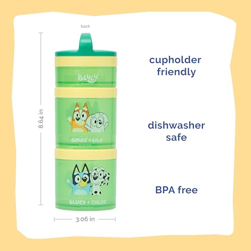 Image of Whiskware Bluey Stackable Snack Containers for Babies, Toddlers, and Kids, 3 Stackable Snack Cups for School and Travel, Cupholder Friendly, Bluey, Chloe, Bingo, and Lila, Best Buddies!