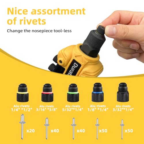 Rivet Gun, 1/4 Pop Rivet Gun Kit with 200 Blind Rivets, 5 Interchangeable Rivet Heads (3/32", 1/8", 5/32", 3/16", 1/4"), Heavy Duty Hand Riveter Tool for Metal, Gutter & Automotive - Image 3