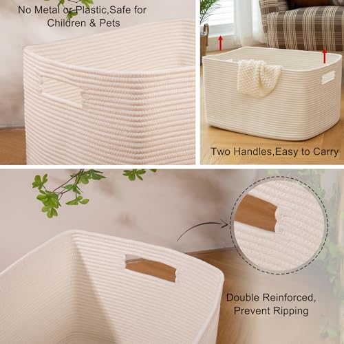Image of OIAHOMY XXLarge Rectangle Blanket Basket-96L, Cotton Woven Basket for Storage, Dirty Clothes Basket for Living Room, Nursery, Bedroom, Toy Organizing with Handle, 24 inch x 16 inch x 15 inch, White