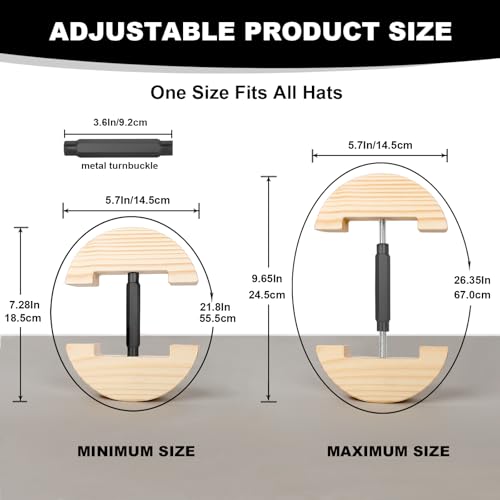 Image of Hat Stretcher for Fitted Hats, Cowboy Hat Stretcher Fitted Hat 7 to 8 1 /2, Adjustable Wooden Hat Jack Stretcher Fits All Caps