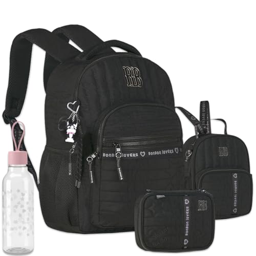 Kit Mochila Escolar Rebecca Bonbon RB 27001 Preta com Lancheira, Estojo box e Garrafinha