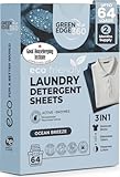 Green Edge 360 Laundry Detergent Sheets Eco-Friendly, Plant-Based Natural Washing Detergent for Up to 64 Loads Travel Friendly, Hot and Cold Washes (64 Sheets (1 Pack), Ocean Breeze)