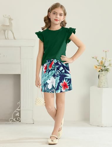 Image of Girls Shorts Sets 2 Pieces Summer Outfits Ruffle Sleeve T-Shirts and Shorts with Pockets Cute Clothes Sets
