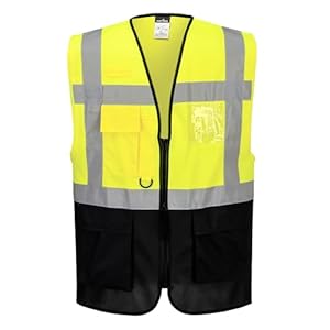 Portwest C476 Warsaw Executive Hi Vis Vest with Pockets and Zip Mens Reflective Safety Gilet Hivisible Workwear Polyester Construction Roadwork Warehouse Site Highways, Yellow/Navy, XXXL