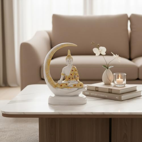 Image of ZAICUS White Buddha Idol for Home Decor | Meditating Buddha Statue on Crescent Moon | Showpiece for Living Room, Office, Temple | Spiritual Gift