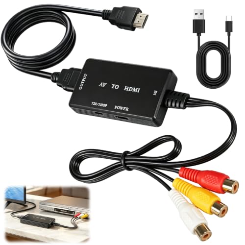 Convertidor RCA a HDMI, 1080P Adaptador Convertidor AV a HDMI para TV PC PS2 PS3 Wii Xbox VHS VCR DVD Mini Cable CVBS Compuesto de Audio y Vídeo Compatible con PAL/NTSC Plug and Play Negro