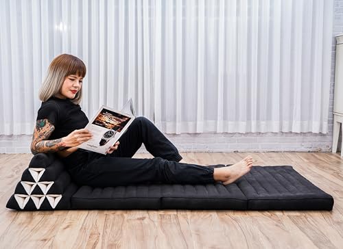 Image of Leewadee 3-Fold Mat XXL with Triangle Cushion - Firm TV Pillow, Foldable Mattress with Cushion Made of Eco-Friendly Kapok, 67 x 31 inches, Black