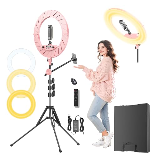 Image of Ring Light 18 inch with Stand, 55w 6700K LED Light,63 inch Tripod,Multi-Angle Adjustable Phone Stand, for iPhone and Android Phones, CRI95, Suitable for YouTube, TikTok, Selfies (Pink, 18 inch)
