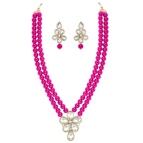 Image of Peora Crystal Faux Pearl Kundan Necklace & Jewellery Set Gift for Women