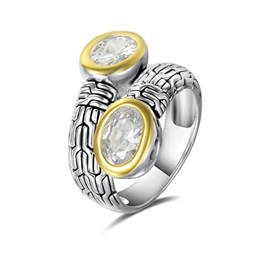 UNY JEWEL Jewelry Ring Multi Strand Foxtail Chain Woven Pattern Inlay 6 by 8 Oval CZ Vintage Antique Two Tone Elegant Designer Inspired Ring