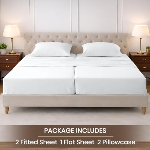 Image of SGI Split King Sheet Set for Adjustable Bed Egyptian Premium Cotton 600 Thread Count Sheets for Sleep Number Bed 15 inch Deep Pocket 5 Pc Set with 2 Twin XL Fitted Sheets Soft Breathable - White