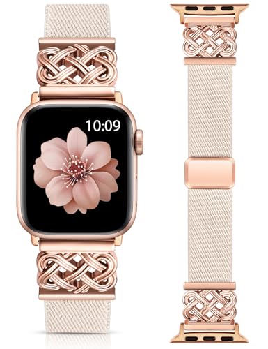 Minyee Magnetic Stretchy Band Compatible with Apple Watch Bands 42/44/45/46/49mm Women Men, Celtic Knot Soft Elastic Nylon Strap for iWatch Series 11 10 9 8 7 6 5 4 SE/Ultra 3 2 1,Starlight/Rose Gold