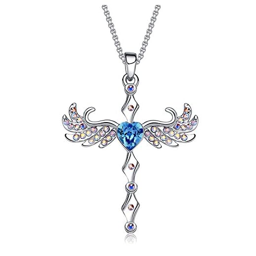 MEGA CREATIVE JEWELRY Collar Cruzada para Mujer con Cristales Swarovski Corazón Azul Alas de Angel