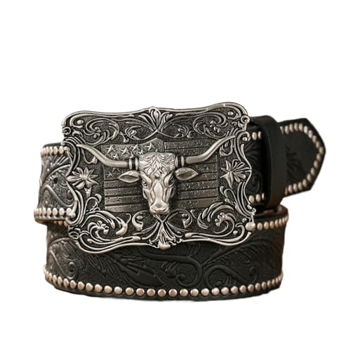 Ceinture western avec boucle tête de taureau argentée et rivets cloutés style cowboy 120 cm