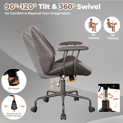 Image of ovios Ergonomic Office Chair, Mid Back Faux Leather Executive Chairs with Armrests, Comfy Mid-Century Modern Swivel Rolling Computer Armchair (Dark Grey, Suede Leather)