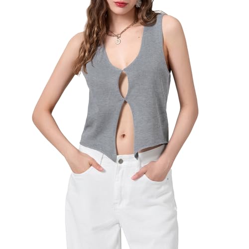 Image of Crochet Knitted Vest for Women Vintage Y2K Hollow Out Button Down Cardigan Retro Crochet Knit Tank Vest