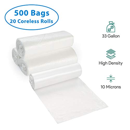 Image of 33 Gallon Clear Garbage Can Liners, 500 Count - 30-40 Gallon Large Trash Can Liners - High Density, Thin, Lightweight, 10 Microns -For Office, Home, Hospital, Wastebaskets -20 Coreless Rolls