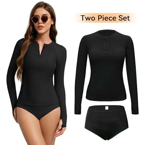 American Trends Womens Long Sleeve Rash Guard 2025 Modest One Piece Swimsuits, Zip Up High Neck Full Coverage Bathing Suits3