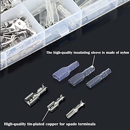 Tnisesm 380Pcs Quick Splice 2.8/4.8/6.3mm Male and Female Wire Spade Connector Wire Crimp Terminal Block with Insulating Sleeve Assortment Kit for Car Audio Speaker Electrical Wiring TN-T02