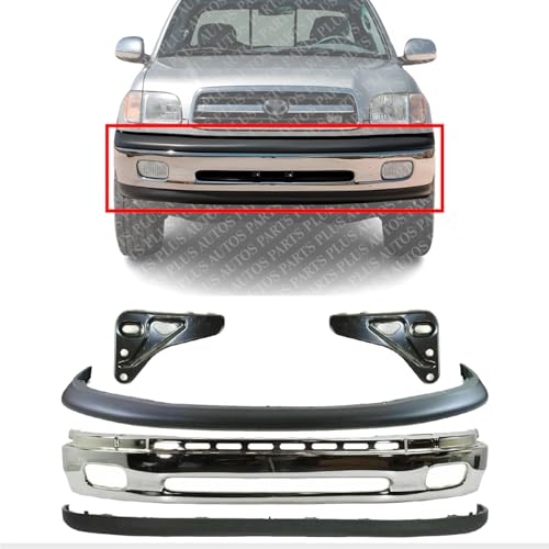AUTOS PARTS PLUS Front Bumper Chrome Steel + Upper Cover + Lower Valance Textured + Brackets Right Passenger & Left Driver Side Direct Replacement Compatible With Toyota Tundra 2000-2006 TO1000198