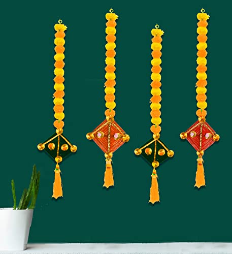 Image of Amazon Brand - Umi Artificial Marigold Fluffy Flowers with Handmade Woolen Kite Shape Wall Door Hanging Latkans for Diwali, Wedding, Home Decoration (6 Pcs)