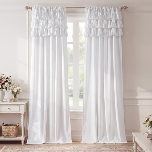 NICETOWN White Curtains with Ruffle Shabby Chic Valance, Rod Pocket