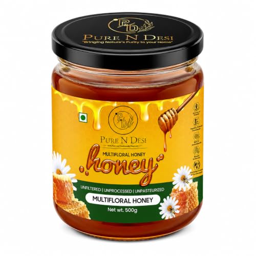 Image of PURE N DESI Multifloral Honey 500g | Raw Unfiltered Honey Glass Jar | Raw Multifloral Honey collected from diverse blossoms for a naturally rich floral taste.