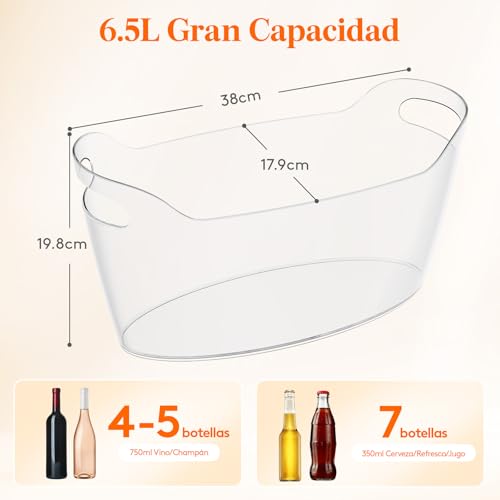Miniatura 3 de Lifewit Cubitera Para Botellas Grande 6.5l, Enfriador De Botellas De Vino Con Cuchara, Ice Bucket Portátil Para Champanera, Cócteles, Cerveza, Bebidas 38 18 20 Cm 15x7x8, Juego De 2