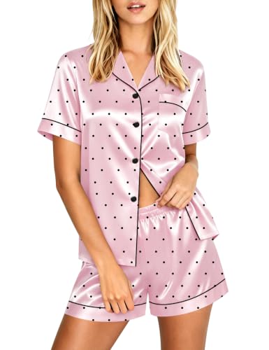 Image of LecGee Womens Silk Satin Pajamas Short Sleeve Loungewear Two-Piece Sleepwear Button-Down Pj Set