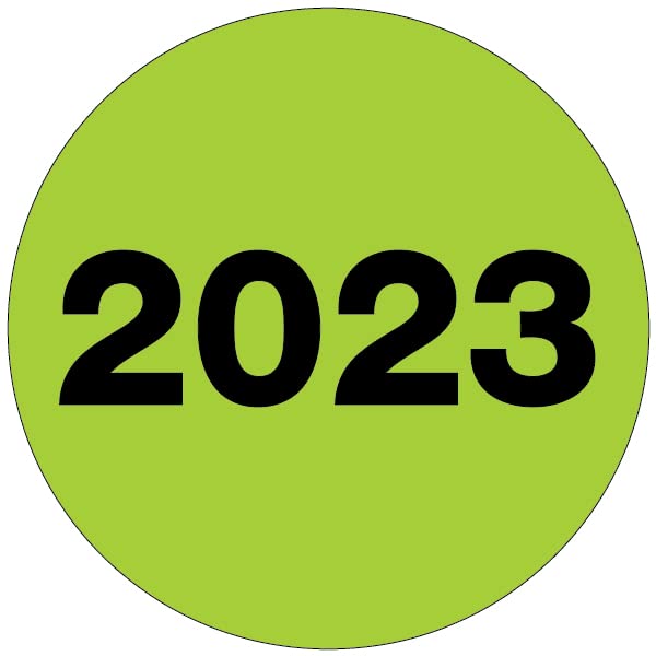 Tape Logic Etiquetas, año 2023", círculo de 3", verde fluorescente, 500rollo