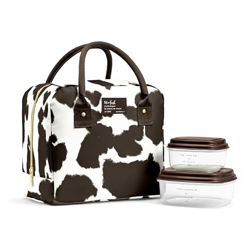 Fit & Fresh Bloomington Lunch Bag for Women - Insulated Large Lunch Box for Work with Containers, Leak-Resistant, Stain-Resistant, Zipper Closure Cowhide Brown on Brown