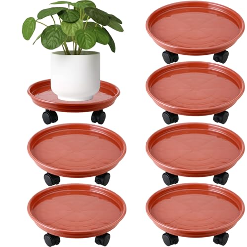 6 Packs Plastic Plant Caddy with Wheels 11.8" Plastic Rolling Plant Stands Heavy-Duty Plant Dolly with Casters Indoor and Outdoor Plant Roller Base Wheels, Rust Red