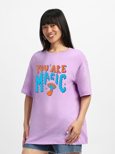 Image of JUNEBERRY Pure Cotton Oversized Baggy Fit Round Neck Drop Shoulder Swan White Back Graphic Printed T-Shirt for Women /Girls
