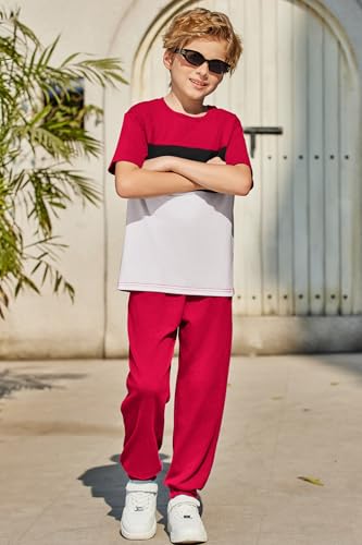 Image of Arshiner Boy's Pants Set - 2 Piece ColorBlock Short Sleeve T-Shirt and Active Pants - Casual Clothing Outfits 5-12 Years