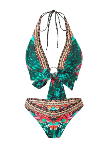 SOLY HUX Bikini Sets for Women Floral Print Halter Bathing Suit Tie Back Boho Vacation Two Piece Swimsuit