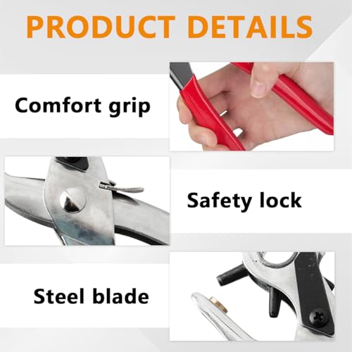 Image of Leather Hole Punch Belts Super Heavy Duty Rotary Puncher, 6 Hole Sizes Maker Tool Watch Bands, Straps, Dog Collars, Saddles, Shoes, Fabrics, DIY Home or Craft Projects (Red)