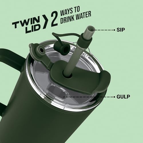 Image of MILTON Maven 1000 Plastic Water Tumbler | 2-in1 Lid Sip or Gulp | Crystal Clear BPA Free-Food Grade | Sturdy Handle | Large Travel Mug for Gym, Office & Outdoor Use, 1 L, Military Green