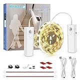 WOBANE Battery Operated 5m LED Strip Lights with 2 Motion Sensor,White Wardrobe Light Motion Activated,Rechargeable LED Strip,Night Lights for Closet,Stair,Pantry,Counter,Cabinet,Bed,6000K