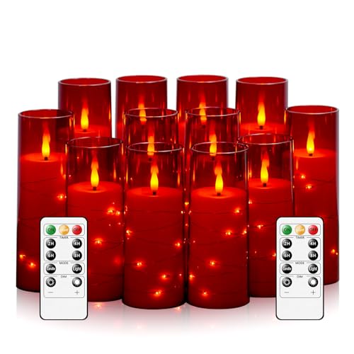 Image of Sasigeiaa Flameless Candles with Embedded Star String - Battery Operated LED Candles, with Remote,12 Red Flickering Candles for Christmas, Weddings, Home Decor & Party,(D 2.3 inchxH 5 inch 6 inch 7 inch)