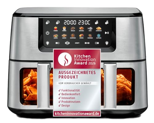 ROMMELSBACHER FRH 2650 Freidora de aire caliente doble, 2 cestas de 5,5 litros, 40 a 230 °C, 12 programas, ventana de visualización, iluminación interior, sin PFAS, función de emparejamiento y
