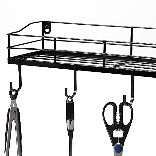 Lyeasw Metal Black Floating Shelves Wall Mounted With 8 Removable Hanging Hooks, 15-Inch Iron Shower Shelf Organizer For Bathroom Kitchen Storage Rack, Set Of 2 #TOP4