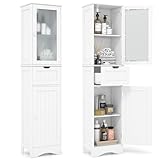 Tangkula 67' Tall Bathroom Storage Cabinet, Slim Freestanding Tower w/ 2 Doors & 1 Drawer, Narrow Floor Cabinet w/Adjustable Shelves & Tempered Glass Door for Bathroom Living Room (White)