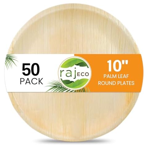 Raj Palm Leaf Plates [50-Pack] 10" Round Plates like Bamboo plates Disposable, Strong, Decorative Compostable Tableware for wedding, Lunch, Dinner, Birthday, Camping, Outdoor BBQ, Picnic… Cover